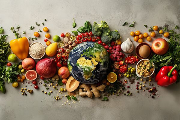 Warzywa na stole, planeta po środku